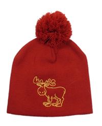 Červená pletená čepice se sobem a bambulí 