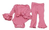 2 set - růžové žebrované body s volánky + růžové flare legíny shein