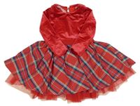 Červené sametové šaty s kostkovanou sukní 