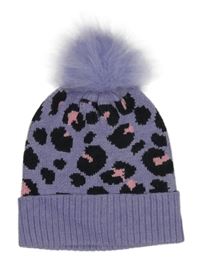 Filovo-černá leopardí pletená čepice s bambulí M&S