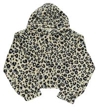 Smetanovo-černo-modrá plyšová crop mikina s leopardím vzorem a kapucí H&M