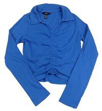 Modré žebrované crop triko s límečkem New Look