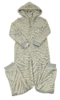 Šedo-béžová pruhovaná plyšová kombinéza s kapucí Bel&Bo
