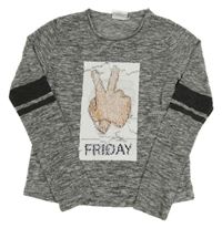 Šedý melírovaný lehký úpletový svetr s obrázkem z flitrů C&A