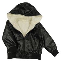 Černá koženková zateplená bunda s kapucí Shein