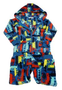 Tmavomodro-barevná plyšová kombinéza s auty a kapucí 