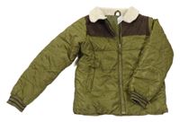 Nové - Khaki-hnědá šusťáková zimní bunda s manšestrovým prvkem a huňatým límečkem 