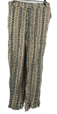 Dámské černo-hnědo-béžové vzorované lněné volné kalhoty Primark 