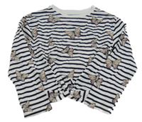 ČErno-bílé pruhované crop triko s motýlky Manor