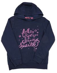 Tmavomodrá mikina s růžovým třpytivým nápisem a kapucí George