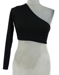 Dámské černé žebrované crop triko s jedním rukávem PrettyLittle Thing