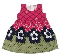 Fuchsiovo-khaki plátěné károvano/květované šaty 