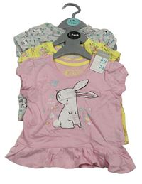 3x tričko se zajíčky - růžové + žluté + šedé Primark