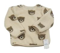 Nové - Světlebéžová huňatá podšitá mikina s medvídky zn. Nutmeg