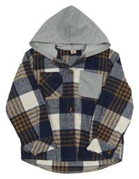 Tmavomodro-bílo-béžová kostkovaná košile s kapucí 