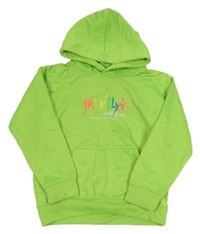 Neonově zelená mikina s nápisem a kapucí 
