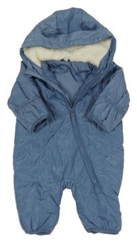 Modrá šusťáková prošívaná zimní kombinéza s kapucí 