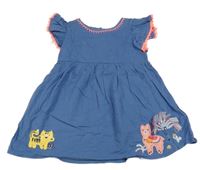 Modré plátěné šaty s tygrem a lamou a palmou a volánky M&S