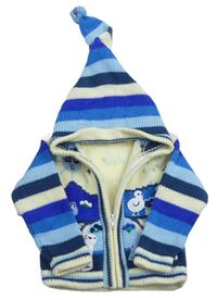 Modro-smetanový pruhovaný propínací svetr s kapucí