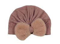 Růžová pletená turbanová čepice s chlupatou mašlí