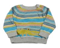 Šedo-modro-okrový pruhovaný svetr s krokodýlem zn. Nutmeg 