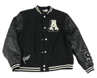 Černý flaušovo/koženková baseballová bunda s nášivkami H&M