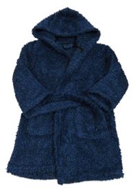 Tmavomodro-černý chlupatý župan s kapucí