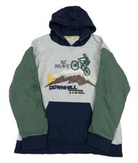 Šedo-khaki-tmavomodrá mikina s horou a kapucí Kids