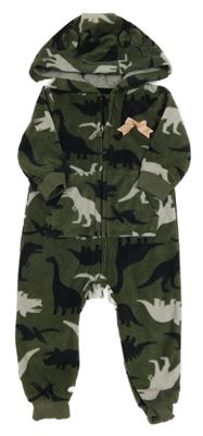 Khaki fleecová kombinéza s dinosaury a kapucí 