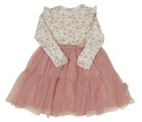 Bílo-růžové bavlněno/tylové šaty s kytičkami Primark