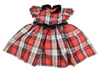 Červeno-bílo-šedo-černo-stříbrné kostkované šusťákové šat s mašlí a límečkem St. Bernard