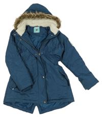 Petrolejová šusťáková zimní parka s písmenkem a kapucí s kožešinou Y.F.K.