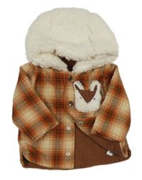 Béžovo-červeno-hnědá kostkovaná vzorovaná zateplená košilová bunda s liškou/kapsou a kapucí Nutmeg