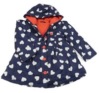 Tmavomodrý šusťákový pod/zimní kabát s bílými srdíčky a kapucí George