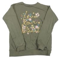 Khaki mikina s nápisy a kytičkami