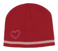 Malinová pletená čepice se srdíčkem a pruhem Matalan
