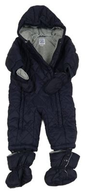 Tmavomodrá prošívaná šusťáková zimní kombinéza s kapucí + rukavice a capáčky Chicco