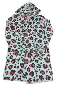 Pomněnkovo-světlemodro-černošedo-tmavorůžový vzorovaný plyšový župan s kapucí s oušky