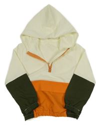 Smetanovo-khaki šusťáková větrovka s kapsou a kapucí SHEIN