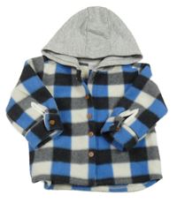 Modro-bílo-šedo-černá kostkovaná fleecová košilová bunda s kapucí so cute