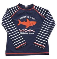 Tmavomodro-bílé UV triko se žralokem a nápisy Topolino