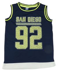 Tmavomodro-bílo-neonově žluté sportovní tílko s číslem a nápisem dopodopo