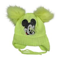 Neonově žlutá pletená čepice s Mickeym s kamínky a bambulemi