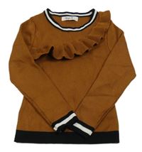 Hnědý lehký svetr s tmavomodrým lemem a volánkem 