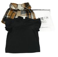 Nové - 2 set - černé žebrované tričko + hnědo-černo-smetanové kostkované úpletové kraťasy  shein