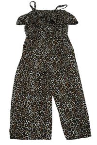 Hnědo-bílo-černý kalhotový overal s leopardím vzorem 