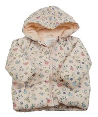 Světlerůžová květovaná šusťáková zimní bunda s kapucí Primark