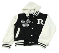 Černo-bílá baseballová mikina s výšivkami a kapucí 