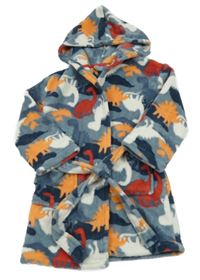 Šedomodro-bílo-oranžovo-červený plyšový župan s diny a kapucí 