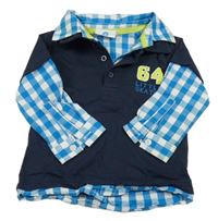 Tmavomodro-modro-bílé triko s číslem a kostkovanými košilovýmyi prvky Topomini